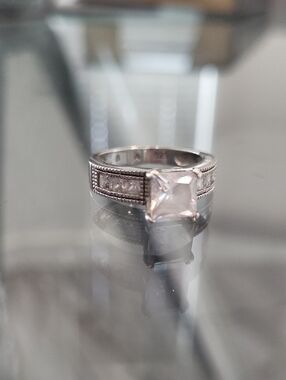 Silver Princess Cut Solitaire Ring with Accent Stones
